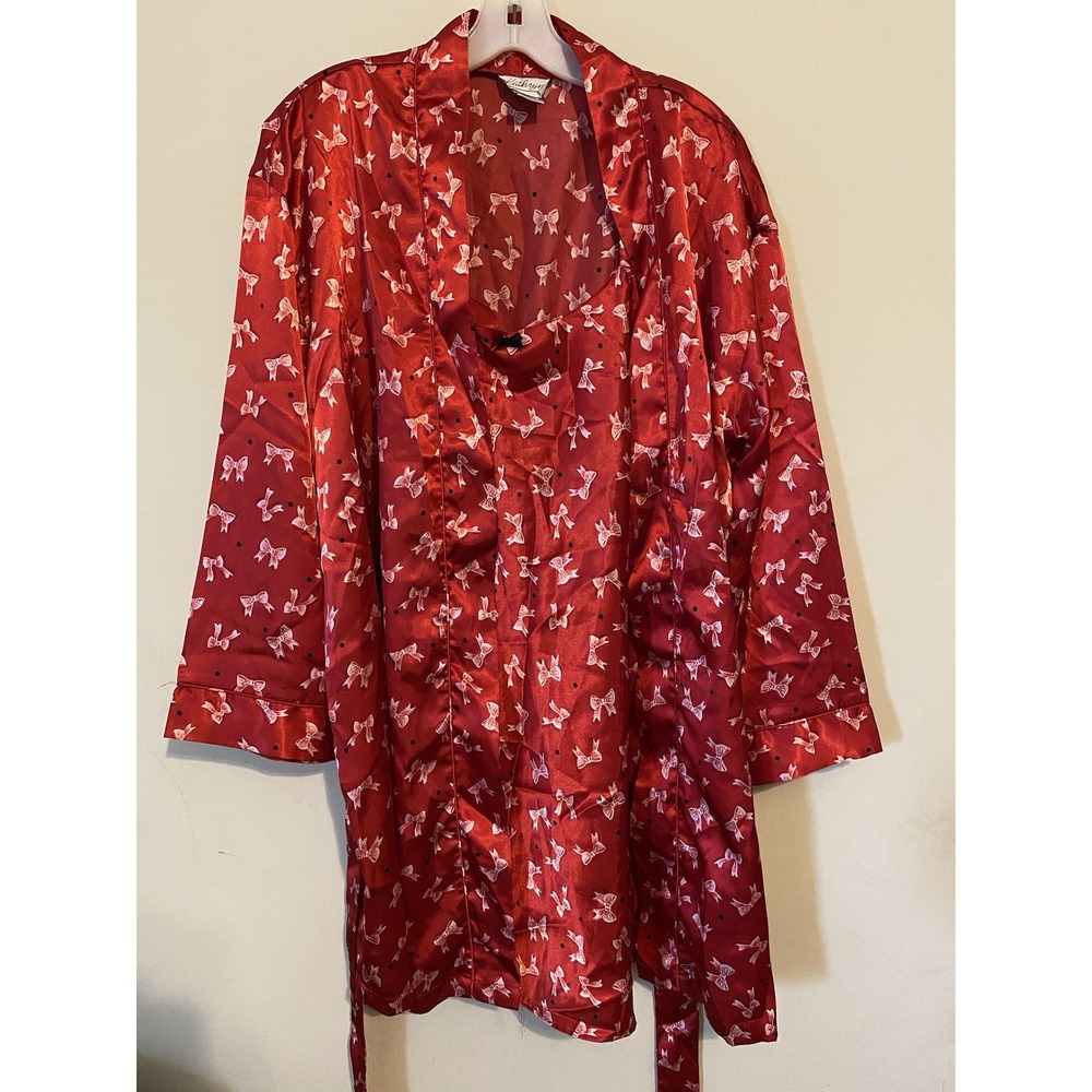 Vintage Kathryn Y2K Silky Red Pink Bows Sexy Glam Robe & Nightgown Set Size M